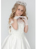 Short Sleeve Beaded Ivory Lace Satin Pearl Long Flower Girl Dress Princess Dress
